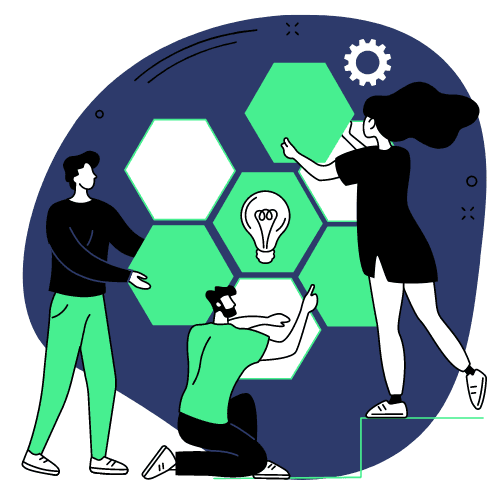 Illustration of three people interacting with hexagon shapes featuring a light bulb and a gear symbol.