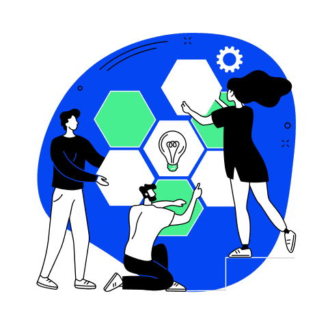 Illustration of three people interacting with hexagons, one containing a light bulb icon.
