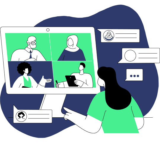 Illustration of a woman participating in a video conference with four diverse colleagues displayed on a monitor.