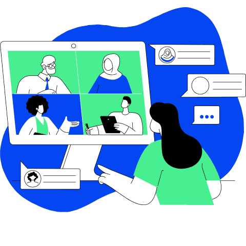 Illustration of a person participating in a virtual meeting with four diverse colleagues on a computer screen.