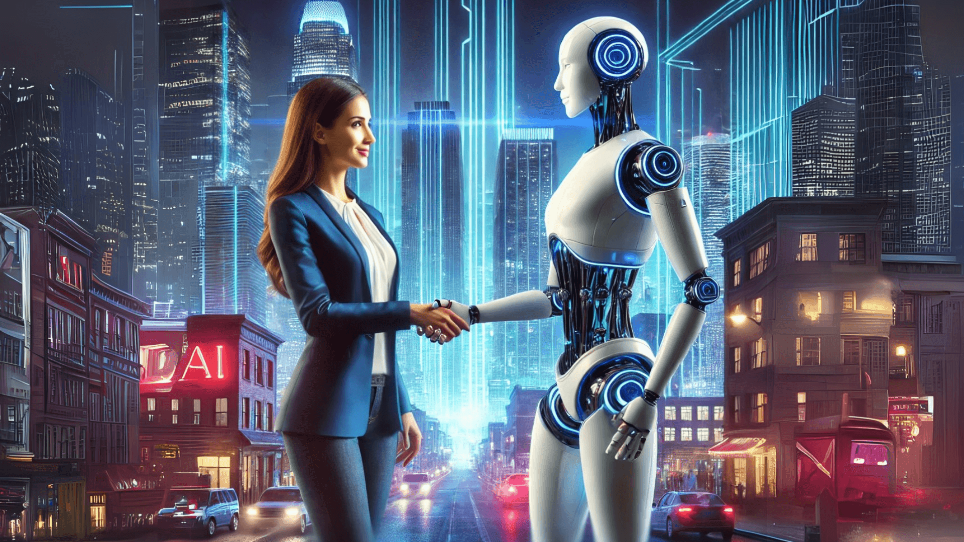 Woman in a suit shaking hands with a humanoid robot in a futuristic cityscape at night.