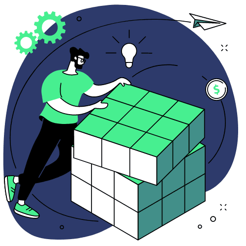 Illustration of a person arranging blocks next to a light bulb and gear symbols.